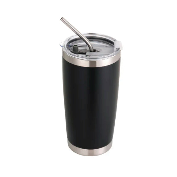 TUMBLER NEGRO MATTE NO SUBLIMABLE BASE CON BORDE PLATEADO Y SORBETE 20 OZ