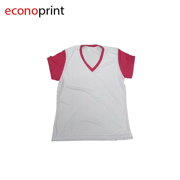CAMISETA CUELLO EN V COLOR BLANCO CON MANGAS FUCSIA