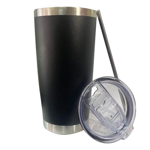 TUMBLER NEGRO MATTE CON BORDE PLATEADO Y SORBETE RECTO 20 OZ